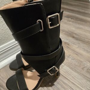 SHEIN Black Heeled Boots with Buckle Detail